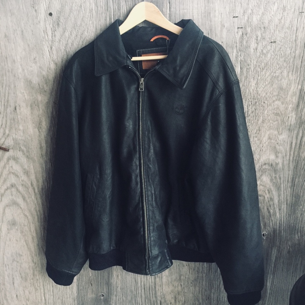 Men’s timberland black leather bomber jacket